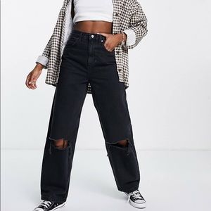 TOPSHOP Double Ripped Knee Dad Jeans In Washed Black